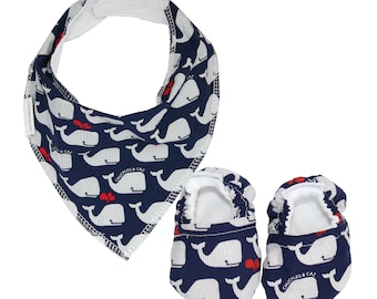 Navy and White Whales Dribble Bib & Baby Booties - Gift Set - Handmade Australian Clothing for Baby Boys - Made In Sydney Australia