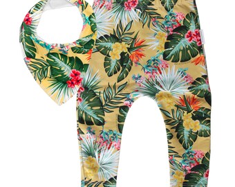 Yellow Hawaiian Dribble Bib & Leggings - Gift Set - Handmade Australian Clothing for Baby Boys and Baby Girls - Made In Sydney, Australia