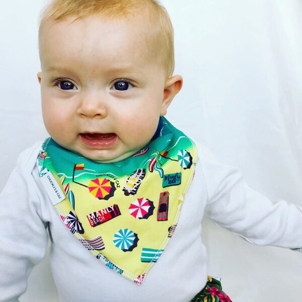 Manly Beach Dribble Bib - Handmade Australian Adjustable Bib for Baby Boys and Girls - Made in Sydney, Australia