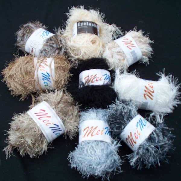 Mei Mei Eyelash Yarn, Choice of Gray, Black, White, Beige or Brown, Fuzzy Yarn, Specialty Yarn, Novelty Yarn, Free Shipping