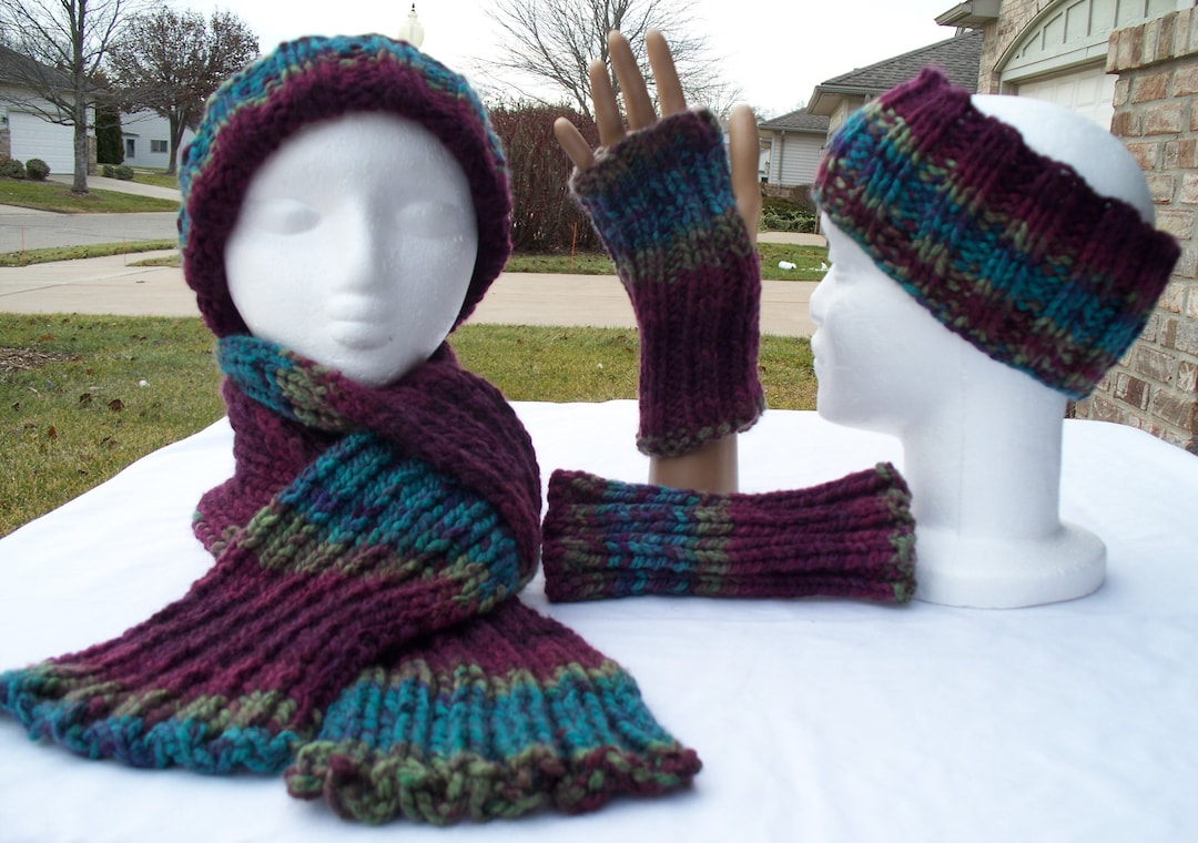 Chunky Hand Knit Blue Green Purple Striped Hat Scarf 
