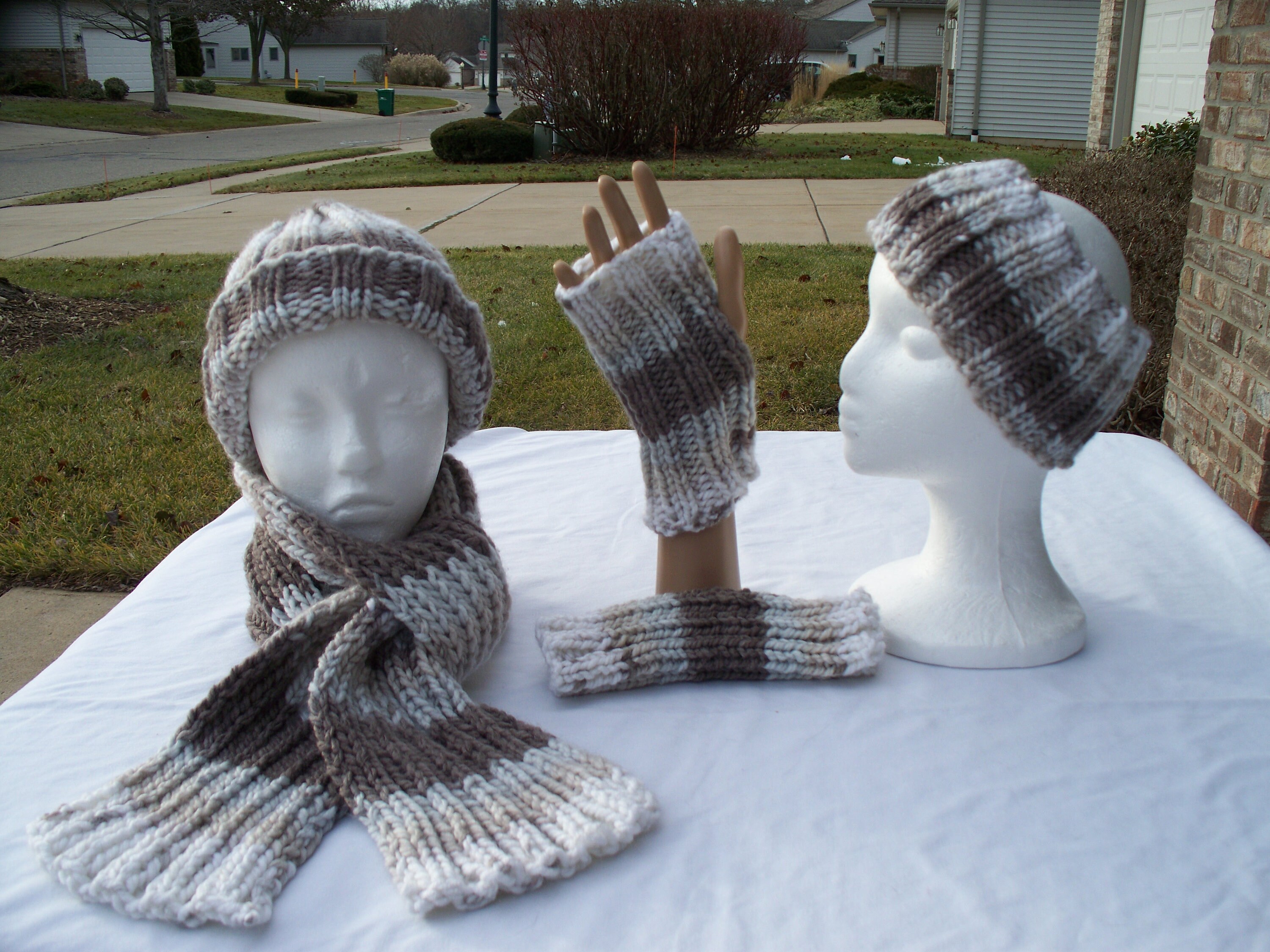 Chunky Hand Knit Acrylic Scarf, Hat, Fingerless Gloves, Ear 