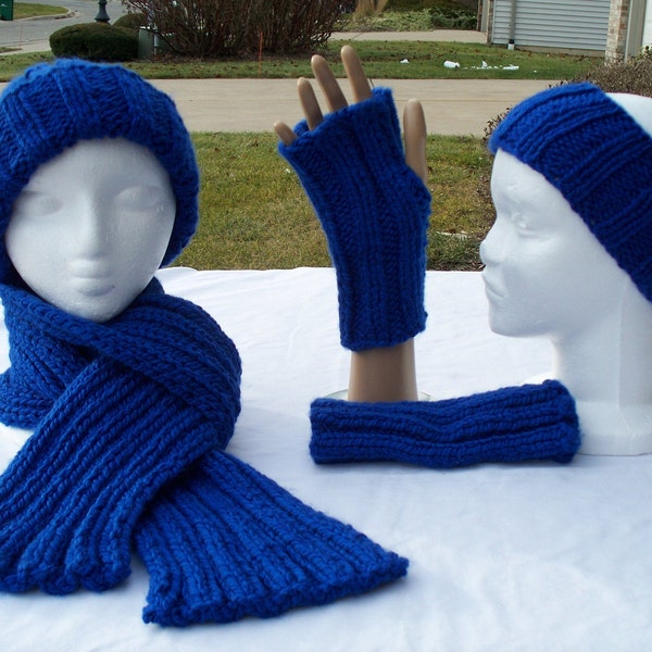 Chunky Hand Knit Medium Royal Blue Hat, Scarf, Fingerless Gloves / Mittens and/or Ear Warmer Headband For Men Women Children Soft Warm