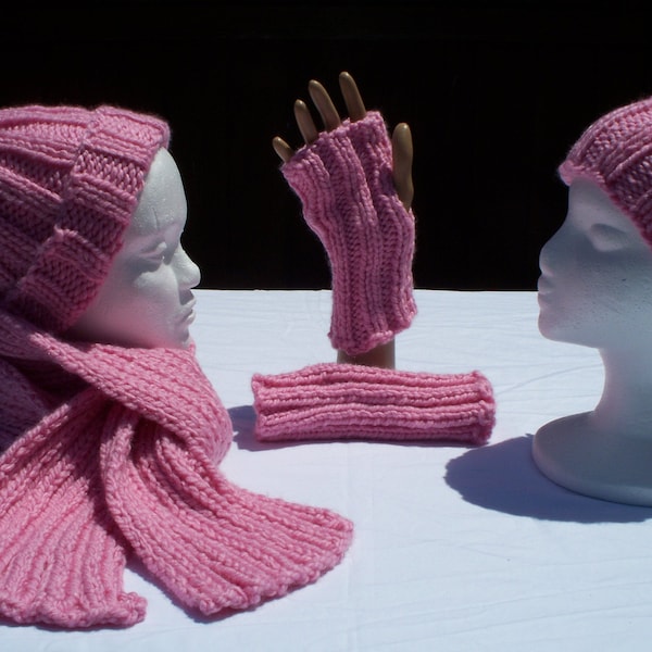 Chunky Hand Knit  Light Pink Hat Scarf  Fingerless Gloves / Mittens and / or Ear Warmer Headband For Men Women Children Soft Warm Free Ship