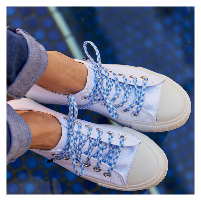 Check Pattern Shoe Laces Made From Fabric Shoelaces Blue and White Checker