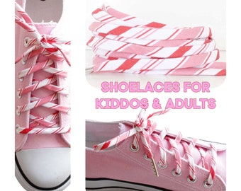 Striped Shoelaces - White with pink and red stripes