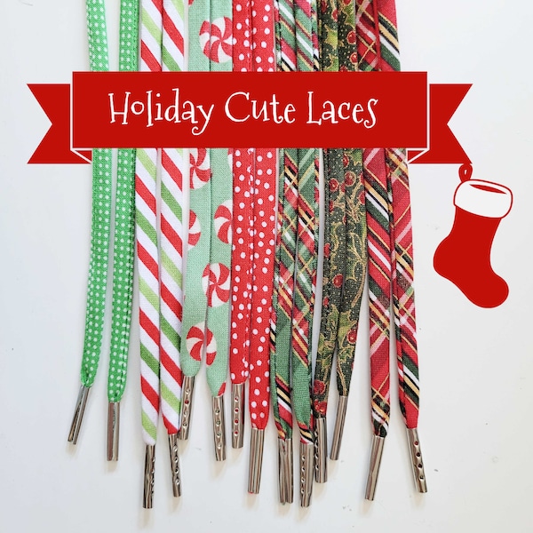 Holiday Christmas Themed Cute Shoe Laces - Plaid - Candy Cane - Red White & Green Stripes