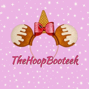 May include: Ice cream cone headband with a pink bow and a red cherry. The headband features two brown ears with white icing and a brown cone with a waffle texture. The text "The Hoop Booteek" is visible at the bottom of the image.
