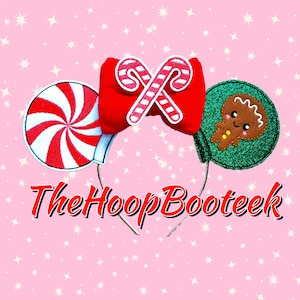 May include: Red, white, and green Christmas-themed Minnie Mouse ears with a candy cane, peppermint swirl, and gingerbread man design. The ears are on a headband with the text "The Hoop Booteek".