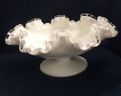 Fenton White Milk Glass Ruffled Fluted Silvercrest Compote Footed Pesdestal Candy Dish Bowl- 1950 39 s