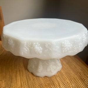 Vintage  Grape Harvest  Anchor Hocking Cake Plate Stand Milk Glass Pedestal Grape Leaves Skirted