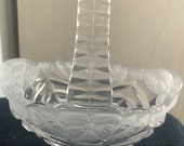 Anna Hutte Crystal Hand Basket Vintage Lead Crystal Bleikristall CLear and Frosted Glass, Candy Dish Floral
