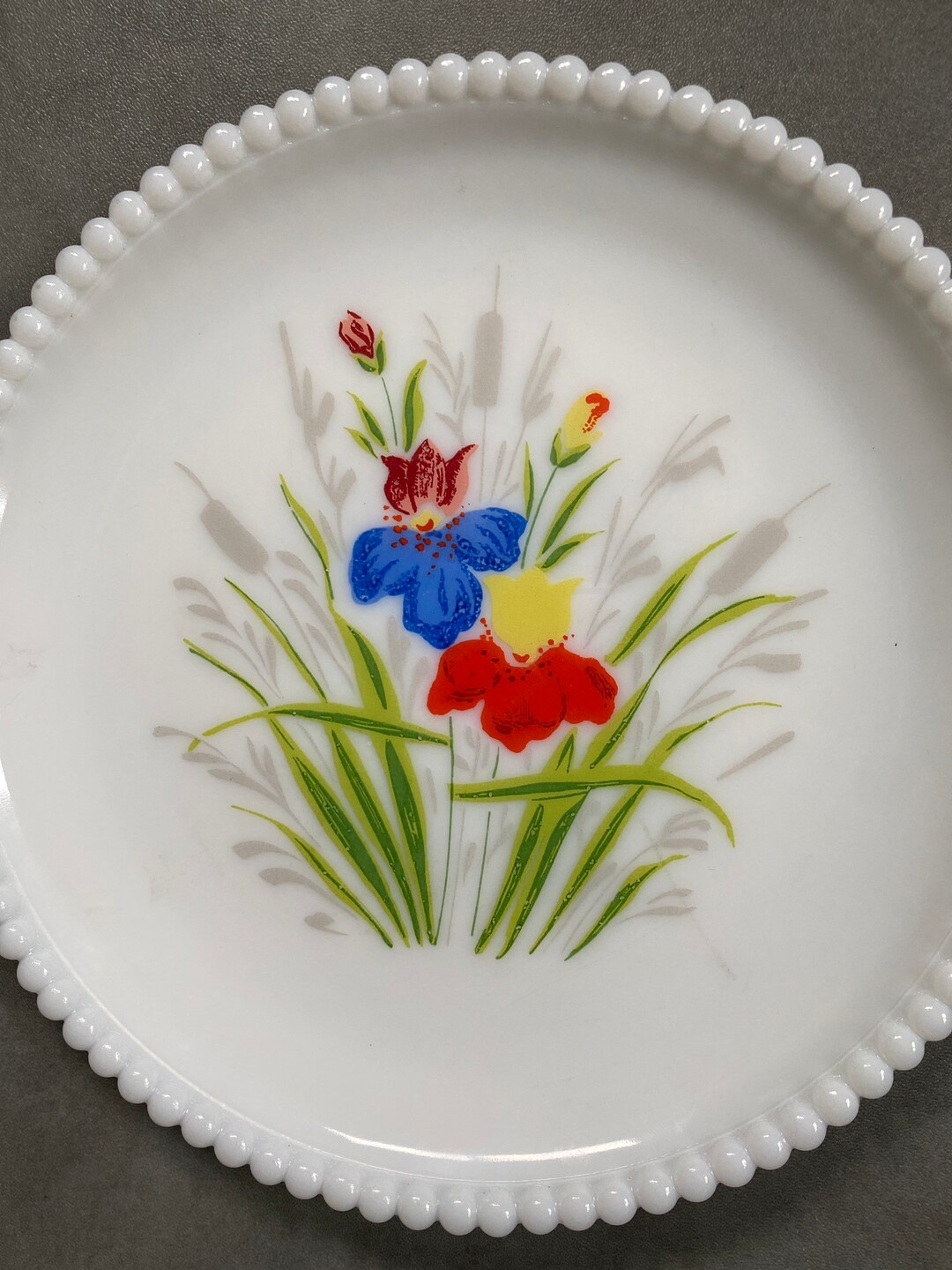 Vintage Westmoreland Milk Glass Hobnail Hand Painted Beaded Plate Hand ...