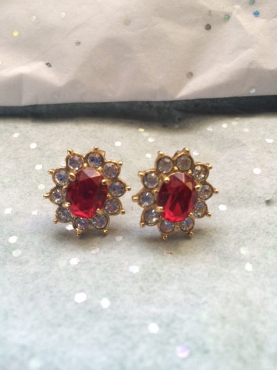 Ruby Red Glass  and rhinestone clip on earrings