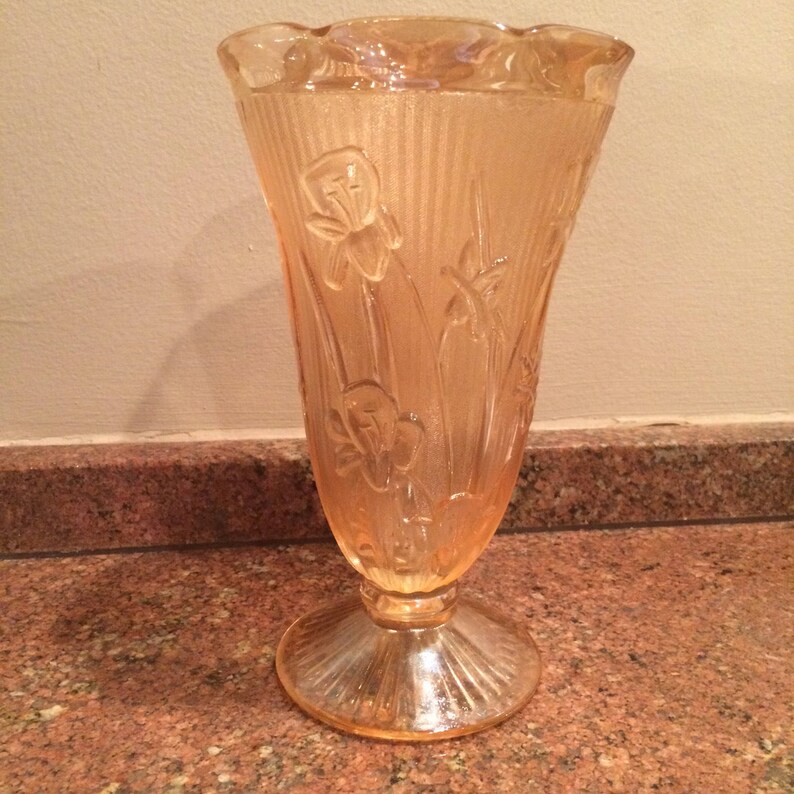 Carnival Peach Jeanette-Vintage-Marigold Iridescent Iris and Herringbone footed Vase image 5