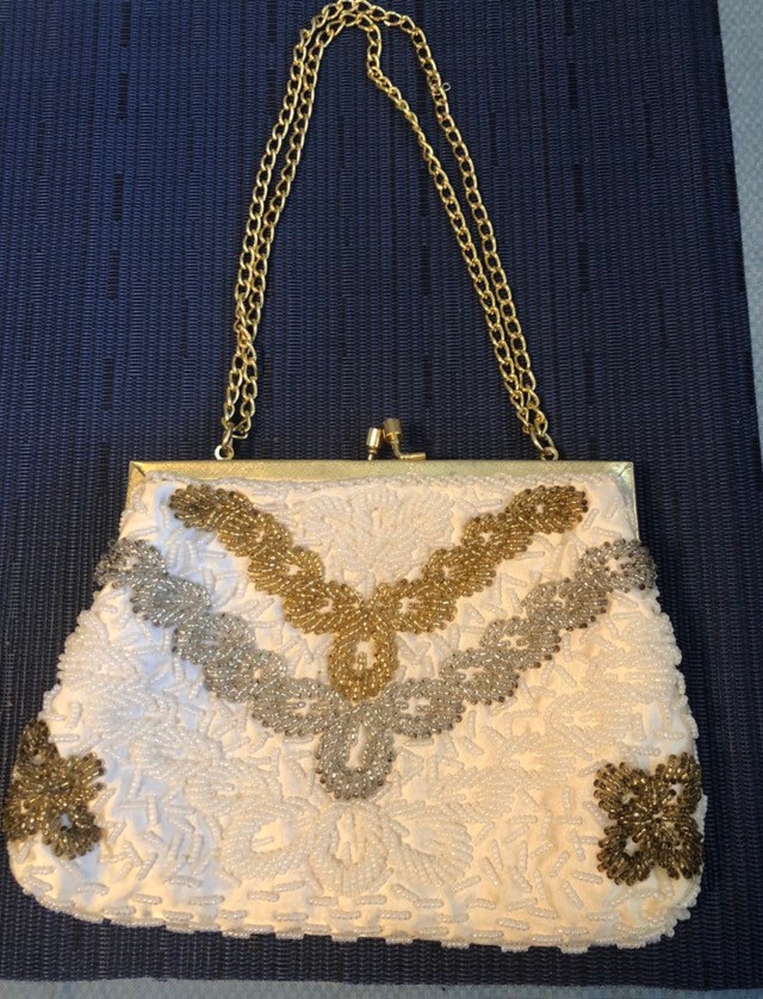 Vintage La Regale Ltd. Evening Bag Purse White Beaded Shoulder Strap
