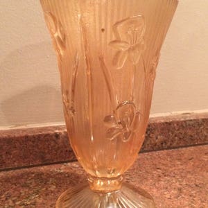 Carnival Peach Jeanette-Vintage-Marigold Iridescent Iris and Herringbone footed Vase image 2