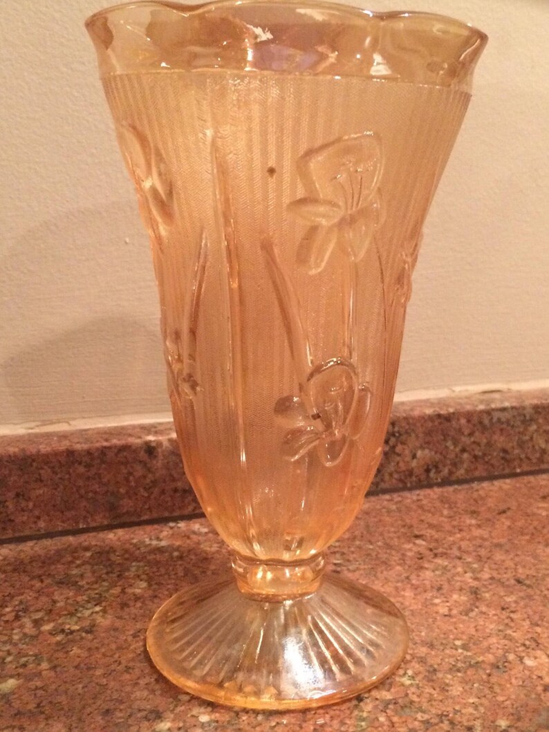 Carnival Peach Jeanette-Vintage-Marigold Iridescent Iris and Herringbone footed Vase image 2