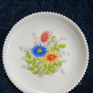 vintage Westmoreland Milk Glass Hand Painted Beaded Plate Flowers