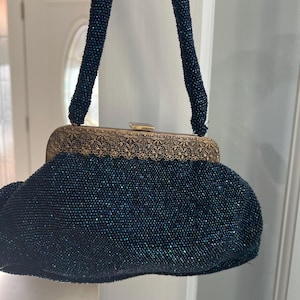 Midnight Blue Iridescent Beaded top handle Evening Bag - 1940&#39;s