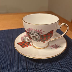 Clan Cameron Tartan + Heather Cup & Saucer Royal Grafton Fine Bone China England - Aonaibh Ri Cheile Scottish 1950s