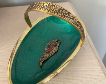 Vintage Brass   and enamel green footed handled dish,  Enamel serving dish