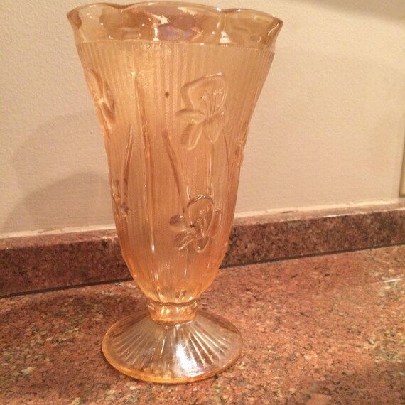 Carnival Peach Jeanette-Vintage-Marigold Iridescent Iris and Herringbone  footed Vase