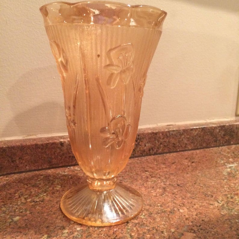 Carnival Peach Jeanette-Vintage-Marigold Iridescent Iris and Herringbone footed Vase image 1