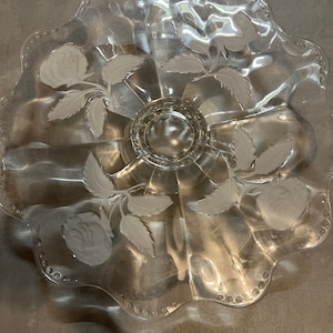 Imperlux Bohemian Crystal Footed Cake Stand with Frosted Rose Design  scalloped edges