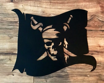 Metal Pirate Jolly Roger Flag Wall Hanging 12" x 8"