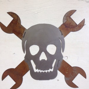 Metal Skull & Cross-Wrench Wall Hanging, Garage Decor