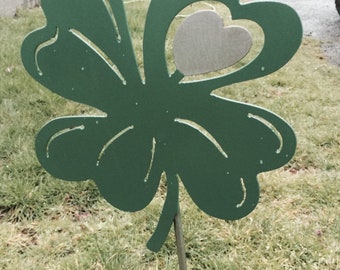 8" Metal 4 Leaf Clover, Heart Yard Stake, St. Patrick's Day, Luck, Shamrock