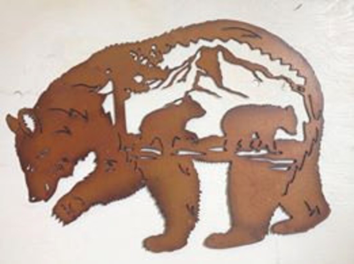 Metal Mama Bear With Cubs Mountain Scene Silhouette 24 X | Etsy