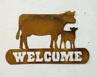 Metal Cow & Calf Welcome Sign