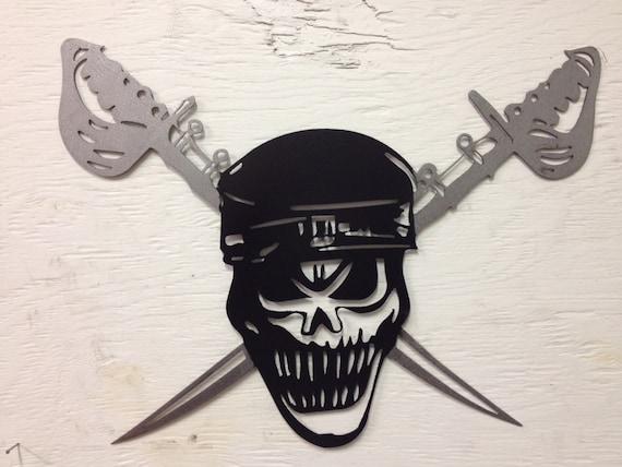 Metal Pirate Skull and Cross Sword Wall Hanging, Silhouette 12.5