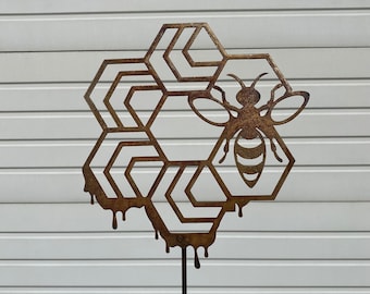 12" Geo Honeycomb, honey drip, bee, garden stake