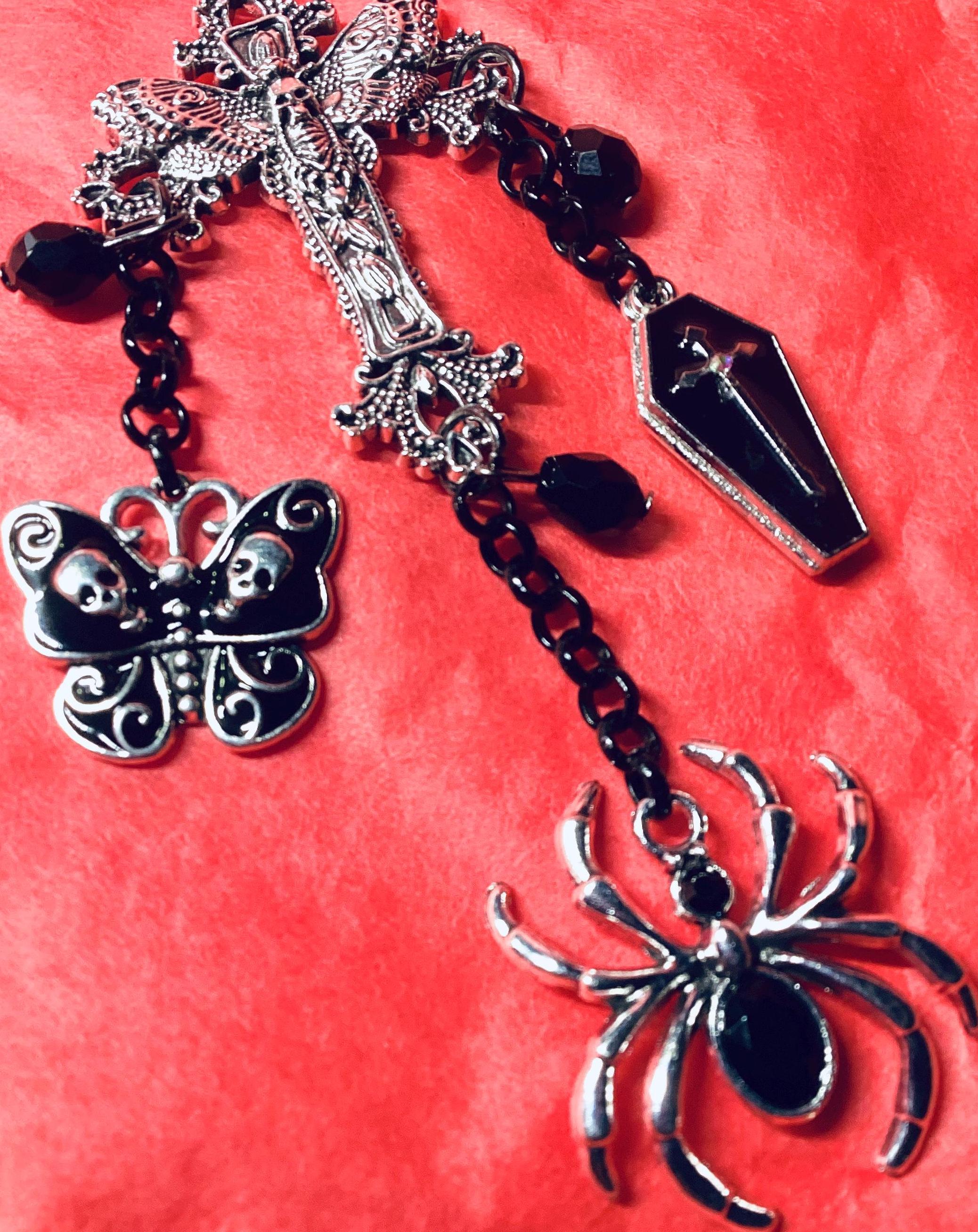 Gothic Goth Pagan Witch Vampire Bag Charm / Keyring Black Enamel and Silver charms adorn Black belcher Chain with a Black Lobster Keychain