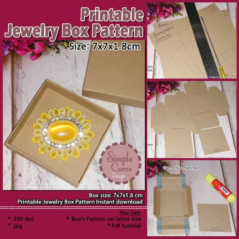 Printable Jewelry Box Pattern 7cm X 7cm X 1,8 Cm / Box Template / Paper ...