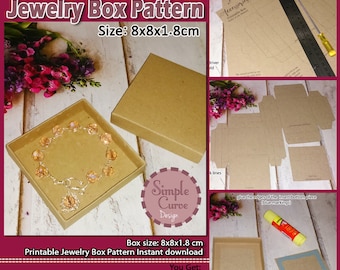 Printable Jewelry Box Pattern 8cm x 8cm x 1,8 cm / Box Template / Paper Box / Letter / DIY Crafting / Digital Instant Download