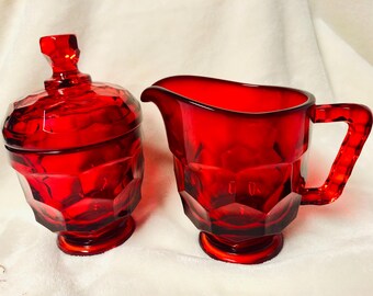 Viking Glass Ruby Red Georgian Style  Creamer and Sugar Bowl with Lid