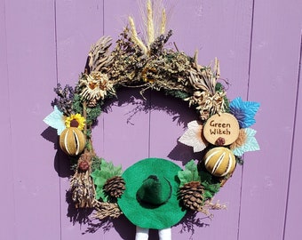 Flower Witchy Wreath, Green Felt Witch Hat, Miniature Broomstick, Pagan Birch Besom, Wiccan Wooden Sign, Witches Door Hanger, Herb Wall