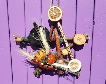 Kitchen Pentagram, Witches Pentacle, Cinnamon Broomstick, Black Felt Witch Hat, Miniature Pumpkin, Wiccan Wall Hanging, Lavender Door Hanger