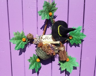 Witchy Sign Pentacle, Witches Pentagram, Black Felt Witch Hat, Miniature Broomstick, Pumpkin Decoration, Wiccan Door Hanger, Pagan Wall