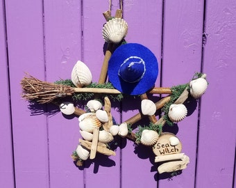 Sea Witch Pentacle, Driftwood Pentagram, Blue Felt Witchy Hat, Miniature Broomstick, Seashell Home Decor, Siren Decoration, Witches Birch