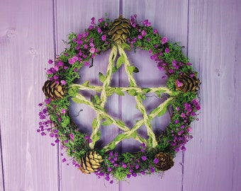 Pentagram Wreath, Pentacle Door Hanger, Wiccan Wall Hanging, Pine Cone Decoration, Witches Home Decor, Pagan Nature Altar, Witch Cottage