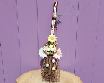 Ostara Sign Broom, Miniature Broomstick, Witches Birch Besom, Spring Home Decor, Egg Nest Ornament, Wiccan Decoration, Pagan Eostre Altar