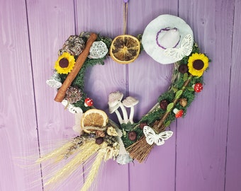 Witchy Basket Wreath, Wiccan Door Hanger, Pagan Wall Hanging, Miniature Broomstick, Harvest Home Decor, Lavender Decoration, Witches Birch