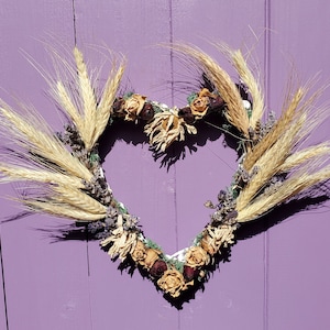 Dried Flower Wreath, Lavender Door Hanger, Wheat Wall Hanging, Pink Rose Decoration, Witches Home Decor, Wiccan Ornament, Pagan Summer Altar