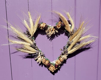 Dried Flower Wreath, Lavender Door Hanger, Wheat Wall Hanging, Pink Rose Decoration, Harvest Home Decor, Rustic Cottage Core, Pagan Nature