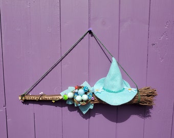 Hanging Ostara Broom, Miniature Broomstick, Witches Birch Besom, Green Felt Witch Hat, Spring Home Decor, Pagan Eostre Altar, Druid Vernal